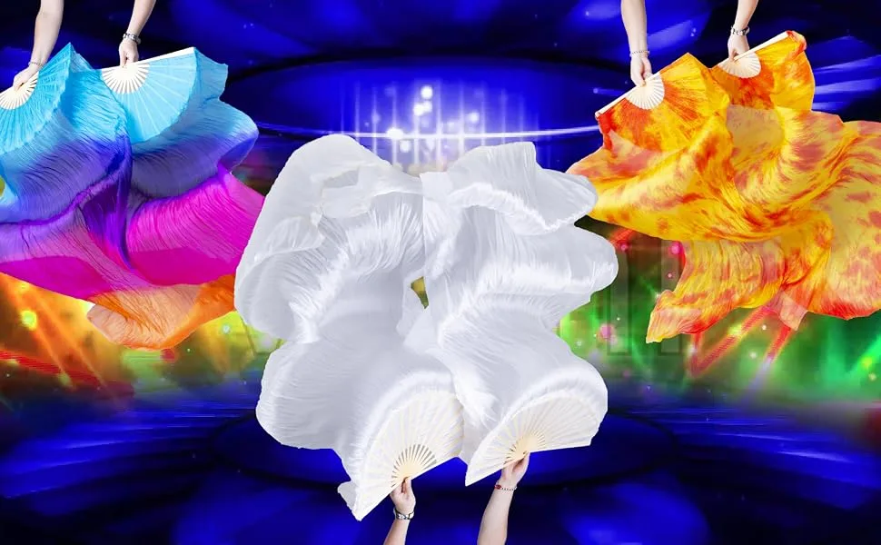 FJYIRI 1 Pair(Left+Right) Women Belly Dance Long Real Silk Fan Veils Gradual Orange2 - product information 2
