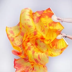 FJYIRI 1 Pair(Left+Right) Women Belly Dance Long Real Silk Fan Veils Gradual Orange2 - product information 3