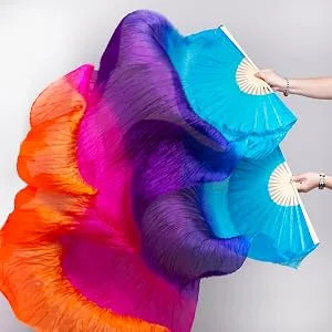 FJYIRI 1 Pair(Left+Right) Women Belly Dance Long Real Silk Fan Veils Gradual Orange2 - product information 4
