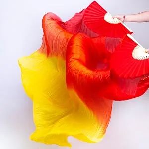 FJYIRI 1 Pair(Left+Right) Women Belly Dance Long Real Silk Fan Veils Gradual Orange2 - product information 5