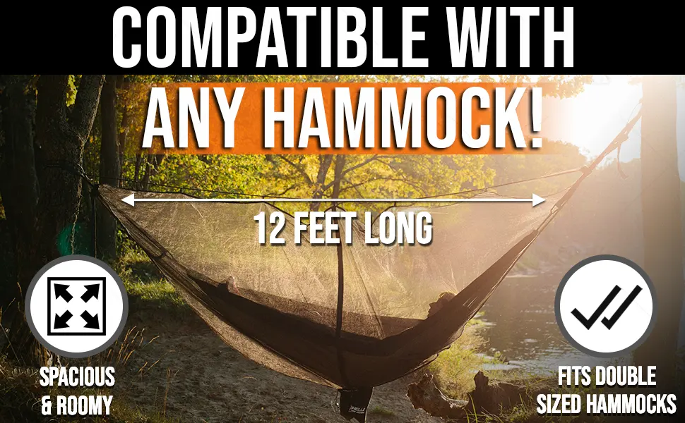 Foxelli XL Hammock Net  12ft Net for Hammocks, Lightweight Portable Hammock Netting, Fast and Easy Set Up, Fits All Camping Hammocks - Spacious Foxelli Compatible with any Hammock XL Hammock Net