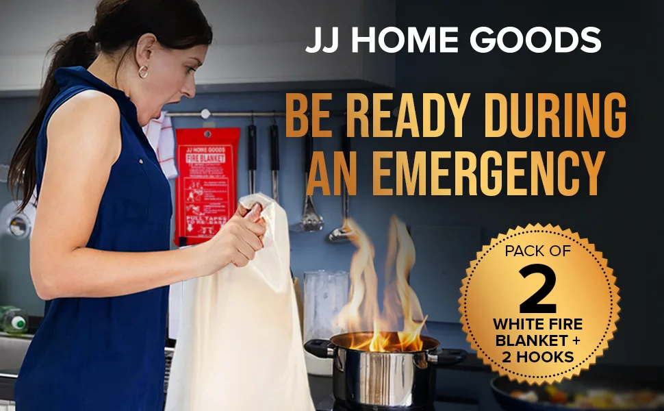 JJ Home Goods Fire Blanket for Home 40" x 40" (Pack of 2) +2 Hooks, Fire Suppression Blanket, Emergency Fire Blanket for People, Fire Blanket Kitchen, Emergency Use - White - Fire Blanket