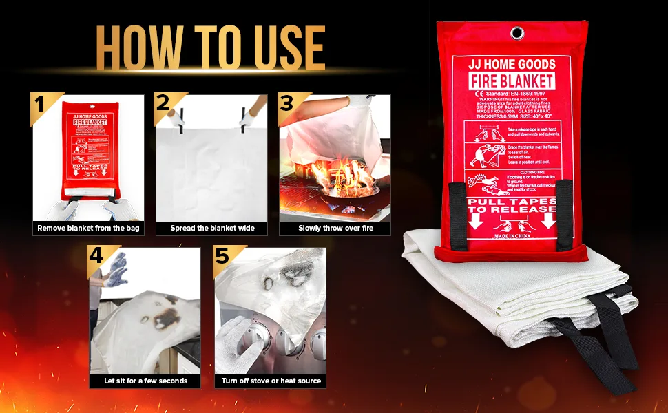 JJ Home Goods Fire Blanket for Home 40" x 40" (Pack of 2) +2 Hooks, Fire Suppression Blanket, Emergency Fire Blanket for People, Fire Blanket Kitchen, Emergency Use - White - Fire Blanket