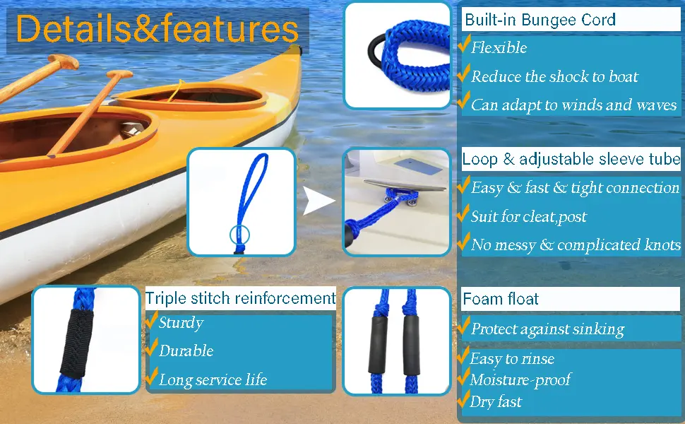 Pack of 4 Bungee Dock Lines for Boat Shock Absorb Dock Tie Mooring Rope Boat Accessories 4-5.5 ft blue - Details & Features