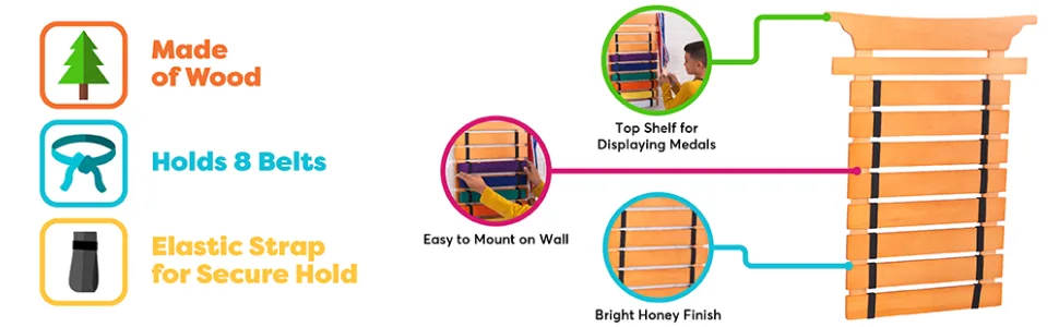 KidKraft Martial Arts Wooden Belt Holder Hanging Display for 8 Belts (Unpersonalized) 24.5 Inch - image