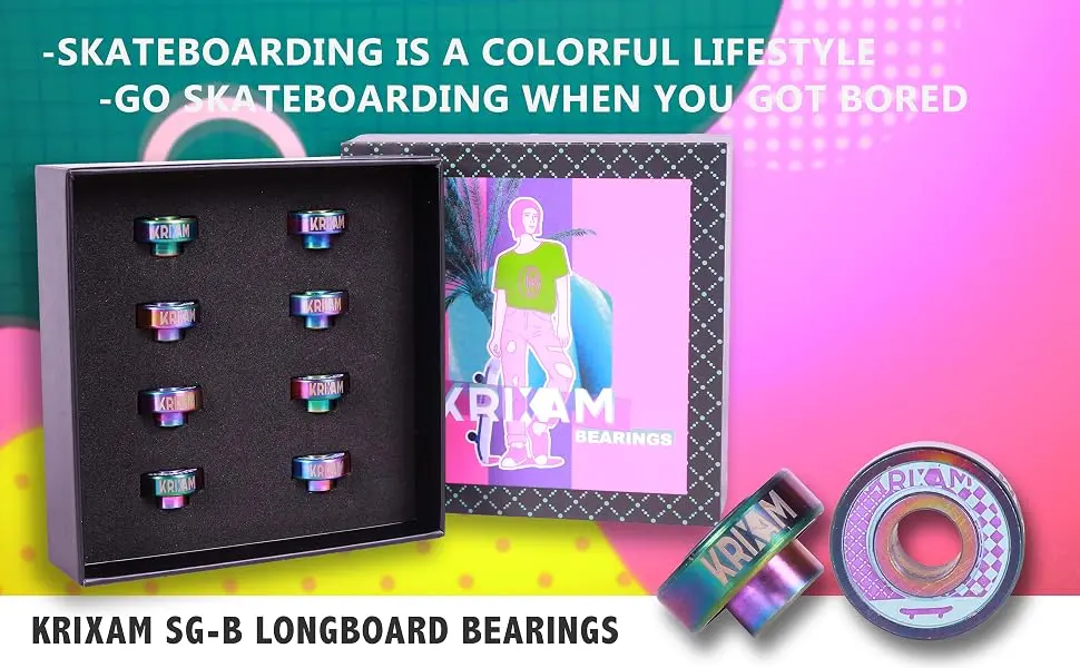 KRIXAM SG-B Skateboard Bearings with Black Ceramic, Longboard Bearings with Built in Spacers (Pack of 8) - roller skate bearings