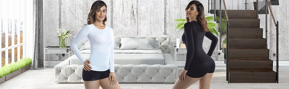 +MD Womens Bamboo Slimming Undershirts for Tummy Waist and Bust Long Sleeves Thermal Underwear Round Neck White Large - product information 2