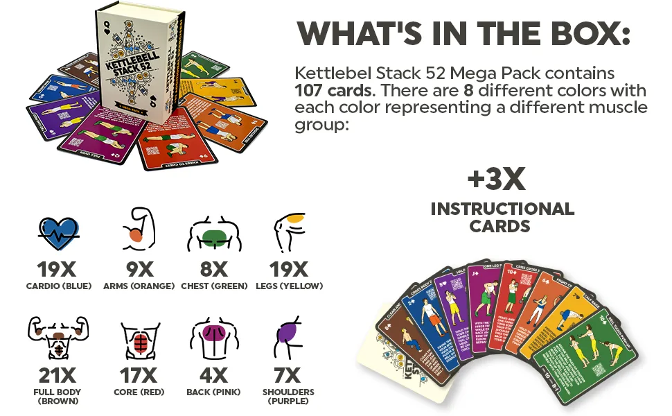 Stack 52 Kettlebell Exercise Cards. Workout Playing Card Game. Video Instructions Included. Learn Kettle Bell Moves and Conditioning Drills. Home Fitness Training Program. 2019 Mega Pack - cardio back chest arms legs thighs butt glutes biceps triceps core abs instructions cards