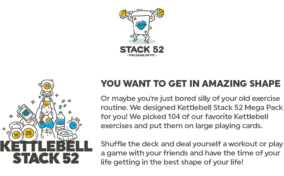 Stack 52 Kettlebell Exercise Cards. Workout Playing Card Game. Video Instructions Included. Learn Kettle Bell Moves and Conditioning Drills. Home Fitness Training Program. 2019 Mega Pack - shape exercise routine kettlebell kettleball kettle bell exercises deck play game friends life