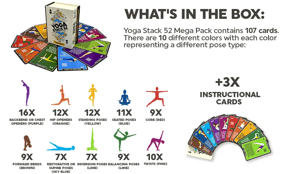 Stack 52 Yoga Exercise Cards: Designed by Certified Yoga Instructor. Video Instructions Included. Beginner to Advanced Poses and Asana Workout Games. Improve Fitness and Flexibility. Mega Pack - Standing inversion backbend twists seated forward bend core restorative supine balancing hip opener