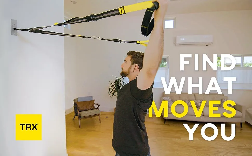 TRX Training Invizi-Mount Wall Anchor V2 Suspension Training Kit, Training Club App INVIZI-MOUNT 2 - A man using a suspension-trainer wall mount for stretching. Text reads: