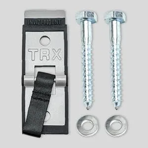 TRX Training Invizi-Mount Wall Anchor V2 Suspension Training Kit, Training Club App INVIZI-MOUNT 2 - An image of a wall-mounted exercise system with all of the included components.