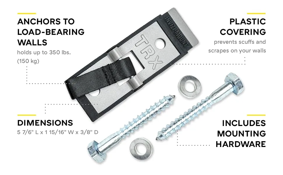 TRX Training Invizi-Mount Wall Anchor V2 Suspension Training Kit, Training Club App INVIZI-MOUNT 2 - An image of a wall-mounted workout system with installation pieces.