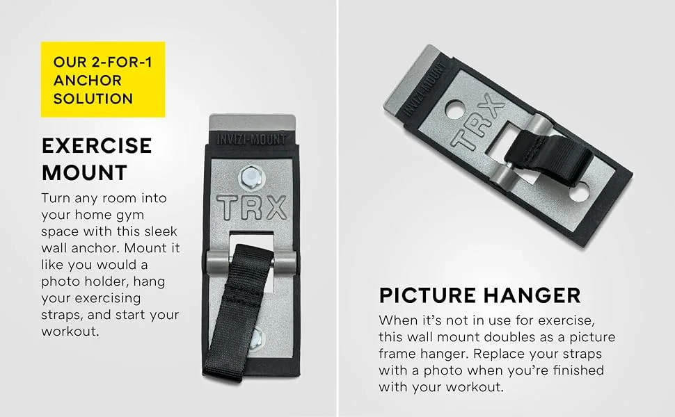 TRX Training Invizi-Mount Wall Anchor V2 Suspension Training Kit, Training Club App INVIZI-MOUNT 2 - Close-ups of a wall-mount workout anchor. Text reads: