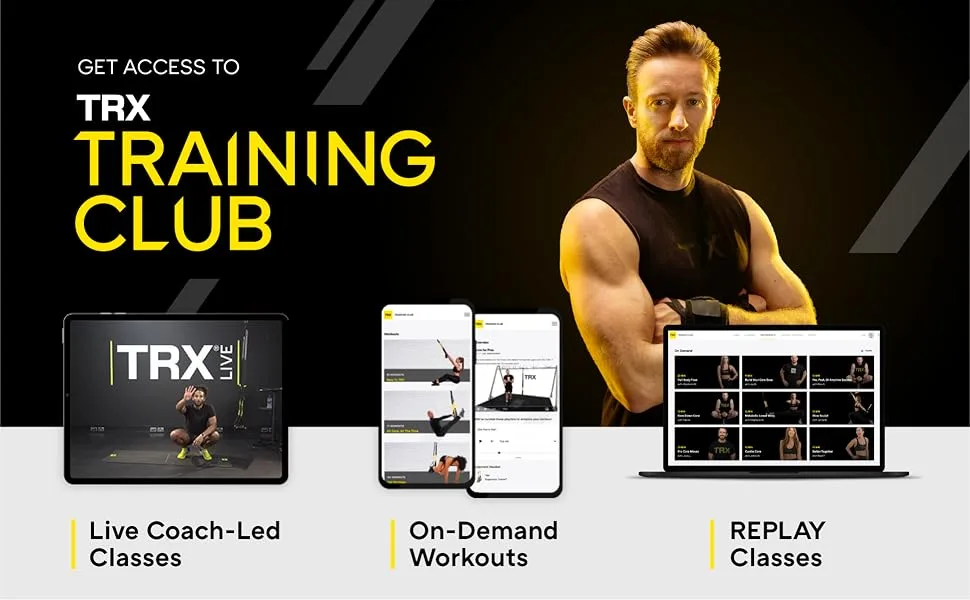 TRX Training Invizi-Mount Wall Anchor V2 Suspension Training Kit, Training Club App INVIZI-MOUNT 2 - TRX training club program is shown on 3 devices. Text reads: