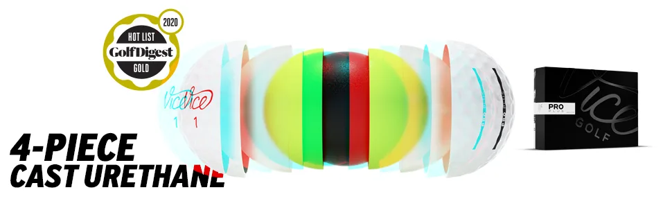 Vice Golf PRO Plus 2020 | 12 Golf Balls | Features: 4-Piece cast Urethane, Maximum Distance, Reduced Driver Spin | More Colors: NEON Lime/RED | Profile: Designed for Advanced Golfers - Vice Pro Plus ball layers Cast Urethane cover