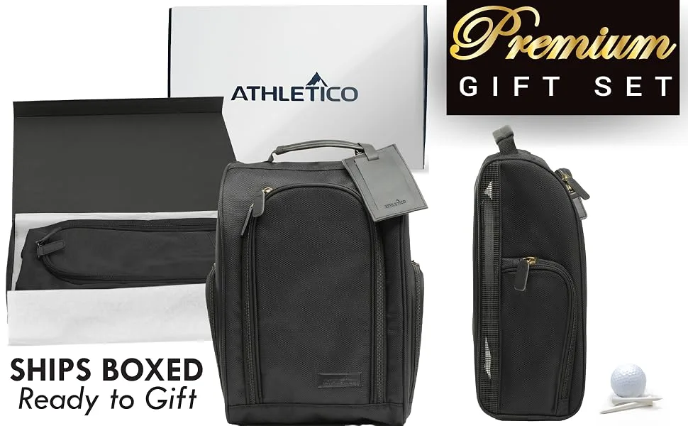 Athletico Executive Golf Shoe Bag with Luggage Tag - Zippered Shoe Carrier with External Pockets - Great Golf Gift for Men or Women - Athletico Executive Golf Shoe Gift Set with Box and Luggage ID Tag