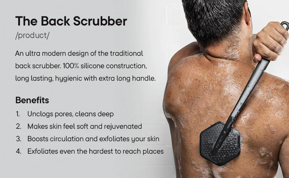 Tooletries - Back Scrubber & Hook - Silicone Long Handle Bath Shower Back Brush, Back Scrubber Body Exfoliator + Removable & Reusable Hook - Charcoal - Tooletries Back Scrubber and Hook