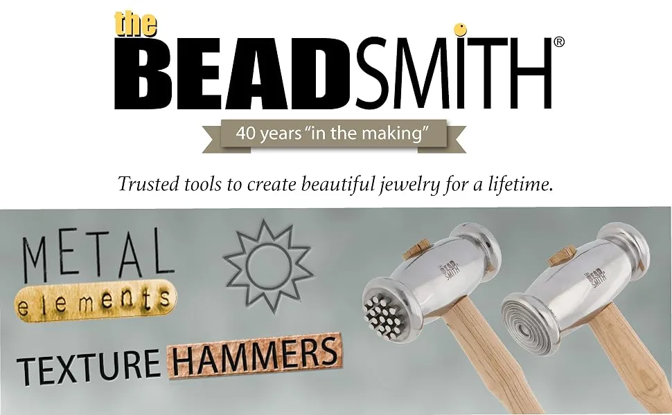 The Beadsmith Interchangeable Texture Hammer - Metal Elements - 9.5 inches, 75mm, 13.4oz Steel Head with Twelve 23mm Faces - Texturing Tool Used to Add Patterns & Dimension to Metalwork 23mm - 12 Faces - Beadsmith 40 years in the making.... Texture Hammers