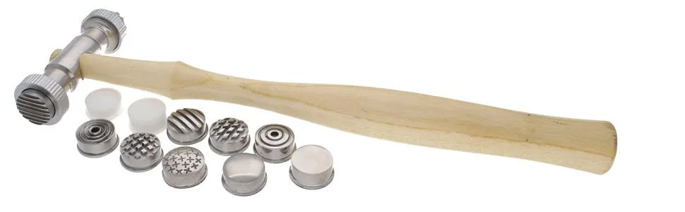 The Beadsmith Interchangeable Texture Hammer - Metal Elements - 9.5 inches, 75mm, 13.4oz Steel Head with Twelve 23mm Faces - Texturing Tool Used to Add Patterns & Dimension to Metalwork 23mm - 12 Faces - Hammer with interchangeable heads