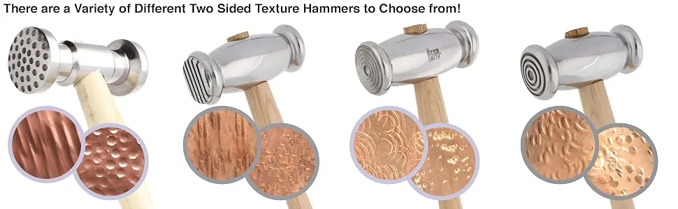 The Beadsmith Interchangeable Texture Hammer - Metal Elements - 9.5 inches, 75mm, 13.4oz Steel Head with Twelve 23mm Faces - Texturing Tool Used to Add Patterns & Dimension to Metalwork 23mm - 12 Faces - Various textures on different hammers