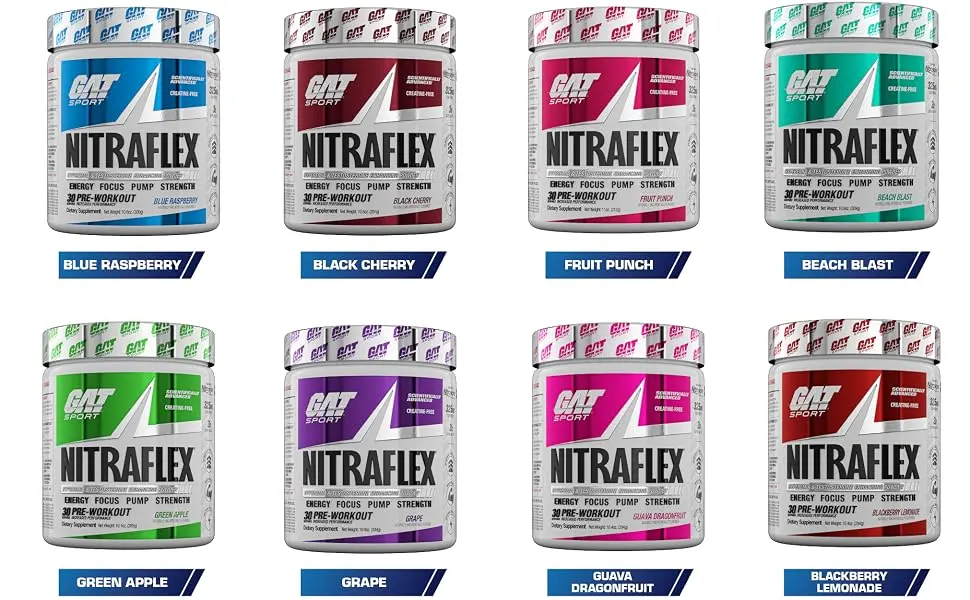 GAT Sport Nitraflex Advanced Pre-Workout Powder, Increases Blood Flow, Boosts Strength and Energy, Improves Exercise Performance, Creatine-Free (Grape, 30 Servings) - Nitraflex Flavors