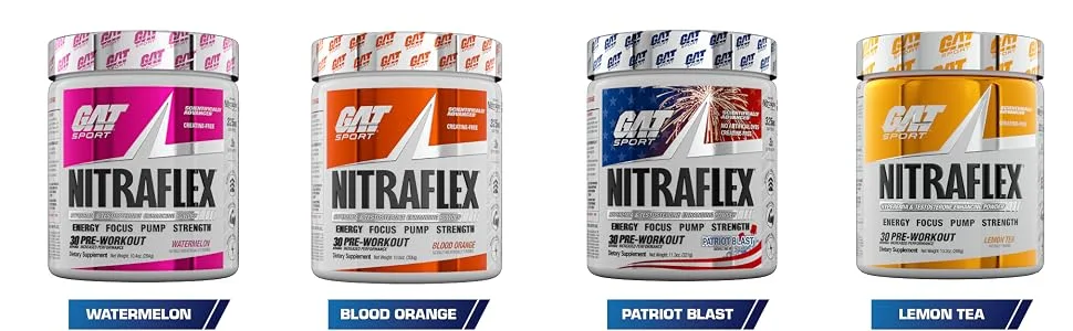 GAT Sport Nitraflex Advanced Pre-Workout Powder, Increases Blood Flow, Boosts Strength and Energy, Improves Exercise Performance, Creatine-Free (Grape, 30 Servings) - Nitraflex Flavors