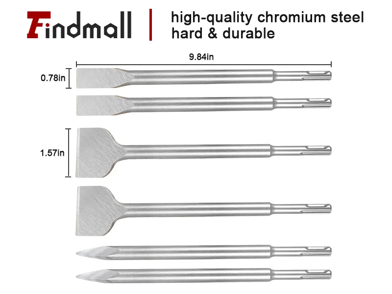 findmall 6-Piece SDS Plus Chisel Set, 40Cr Steel Concrete Drill Bit Set, Rotary Hammer Bits Chisel Set Including Point Chisel, 20mm Flat Chisel, 40mm Flat Chisel - product information 24