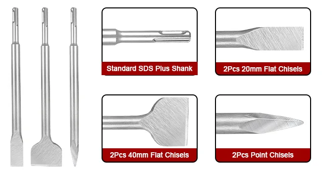 findmall 6-Piece SDS Plus Chisel Set, 40Cr Steel Concrete Drill Bit Set, Rotary Hammer Bits Chisel Set Including Point Chisel, 20mm Flat Chisel, 40mm Flat Chisel - product information 25