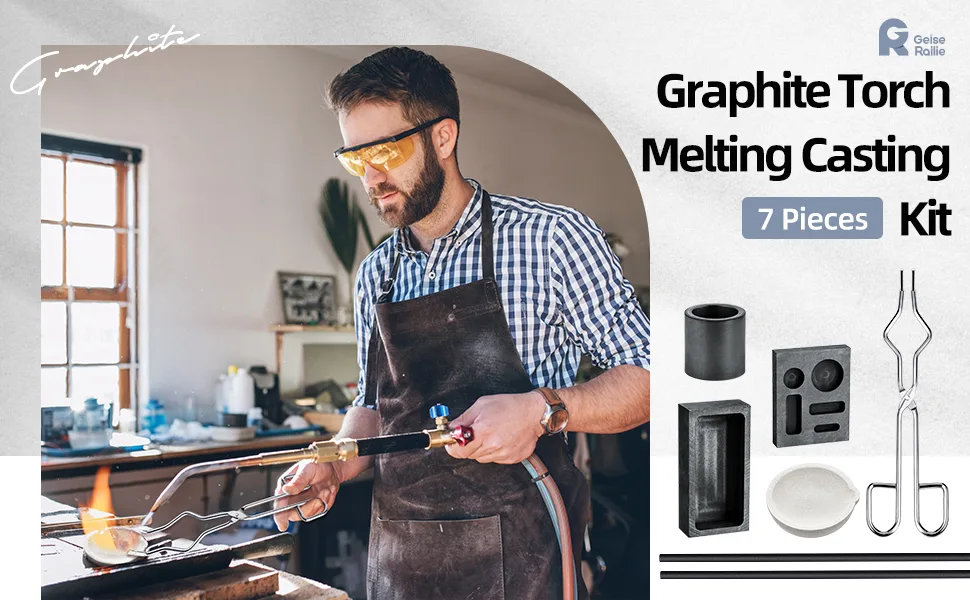 7 Pieces Graphite Torch Melting Casting Kit, Including 2 Graphite Crucible Stir Stick, Graphite Casting Mould 5-in-1 Graphite Casting Ingot Mould, Quartz Crucible, Cylindrical Graphite, Tong for Melt - product information 1