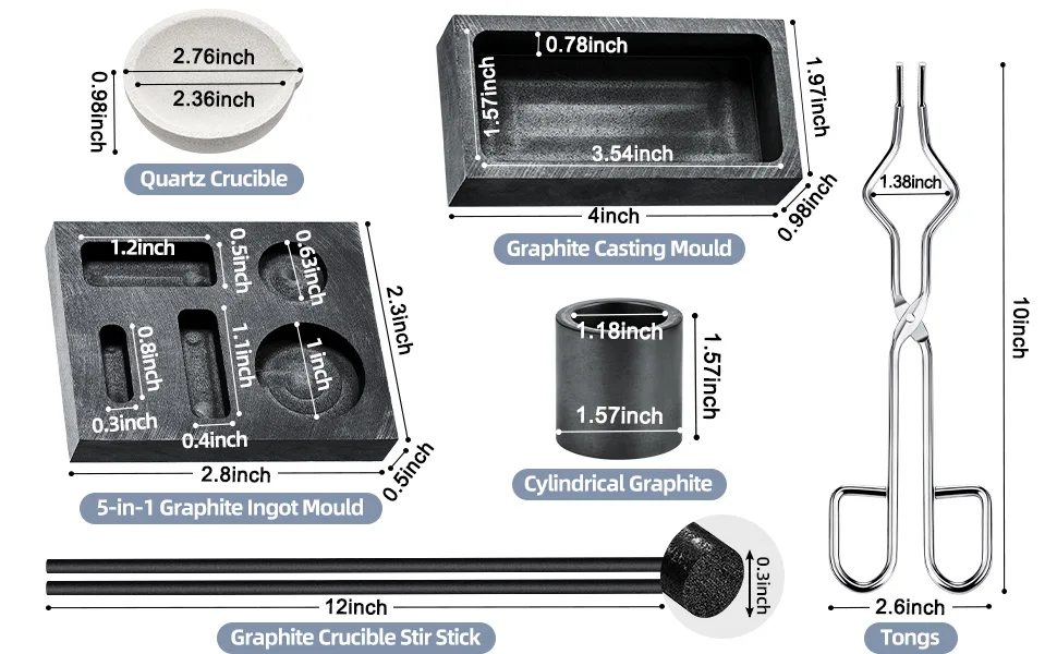 7 Pieces Graphite Torch Melting Casting Kit, Including 2 Graphite Crucible Stir Stick, Graphite Casting Mould 5-in-1 Graphite Casting Ingot Mould, Quartz Crucible, Cylindrical Graphite, Tong for Melt - product information 2
