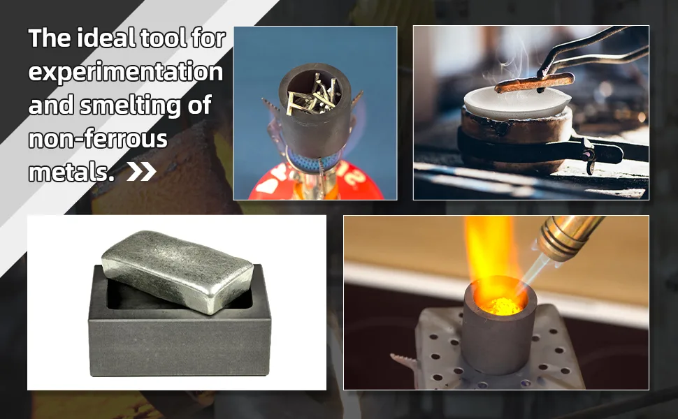 7 Pieces Graphite Torch Melting Casting Kit, Including 2 Graphite Crucible Stir Stick, Graphite Casting Mould 5-in-1 Graphite Casting Ingot Mould, Quartz Crucible, Cylindrical Graphite, Tong for Melt - product information 4