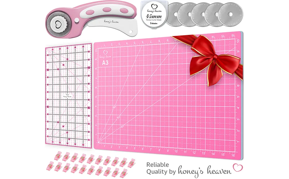 Rotary Cutter Set pink - Quilting Kit incl. 45mm Fabric Cutter, 5 Replacement Blades, A3 Cutting Mat, Acrylic Ruler and Craft Clips - Ideal for Crafting, Sewing, Patchworking, Crochet & Knitting Pink Cutting Mat Set (18" x 12") - Rotary Cutter Set
