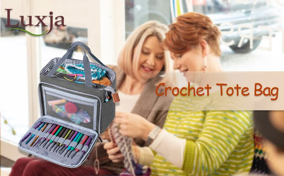 Luxja Crochet Tote Bag, Yarn Storage Bag for Small Unfinished Projects, Crochet Hooks and Other Accessories, Gray Gray Medium - yarn bag