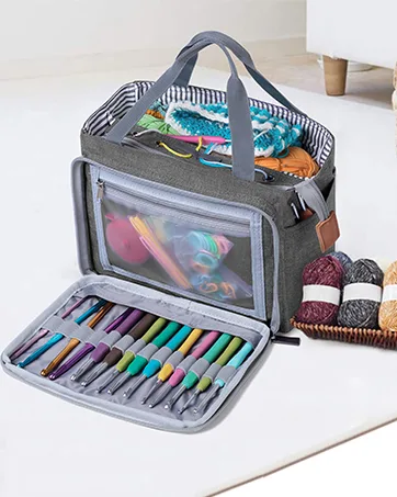 Luxja Crochet Tote Bag, Yarn Storage Bag for Small Unfinished Projects, Crochet Hooks and Other Accessories, Gray Gray Medium - yarn organizer