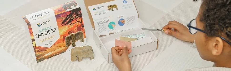 Studiostone Creative Elephant Soapstone Sculpture Stone Carving DIY Arts Crafts Kit Kids Adults - Boy with soapstone carving kit elephant and materials craft