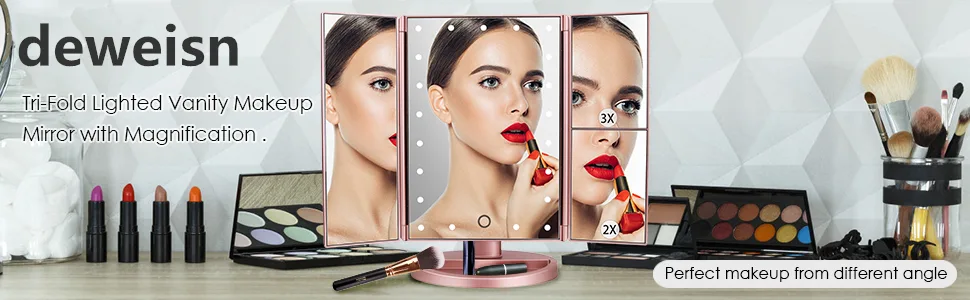 deweisn Trifold Lighted Vanity Mirror with 21 LED Lights, Touch Screen and 3X/2X/1X Magnification, Two Power Supply Mode Make up Mirror,Travel Mirror Black - product information 1