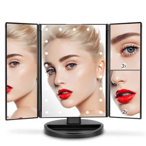 deweisn Trifold Lighted Vanity Mirror with 21 LED Lights, Touch Screen and 3X/2X/1X Magnification, Two Power Supply Mode Make up Mirror,Travel Mirror Black - product information 2