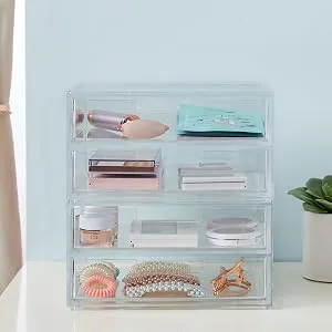 STORi Chloe Stackable Clear Makeup Holder and Double Organizer Drawer Set | Organize Cosmetics and Beauty Supplies | Made in USA - 8451 Chloe Double drawer curtain