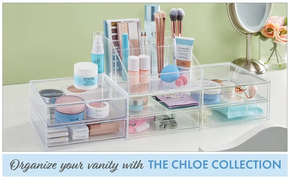 STORi Chloe Stackable Clear Makeup Holder and Double Organizer Drawer Set | Organize Cosmetics and Beauty Supplies | Made in USA - Chloe EBC Middle