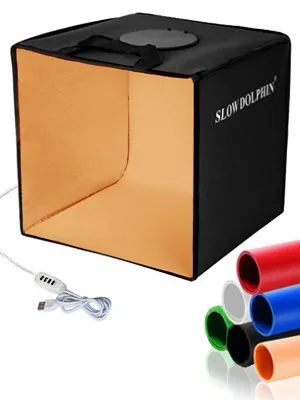 SLOW DOLPHIN Photo Studio Light Box 12"/30cm Portable Folding Ring Light, Photography Shooting Light Tent Adjustable Brightness Lighting Kit Softbox with 113pcs LED Lights + 6 Backdrops(Black Tent) - 1111