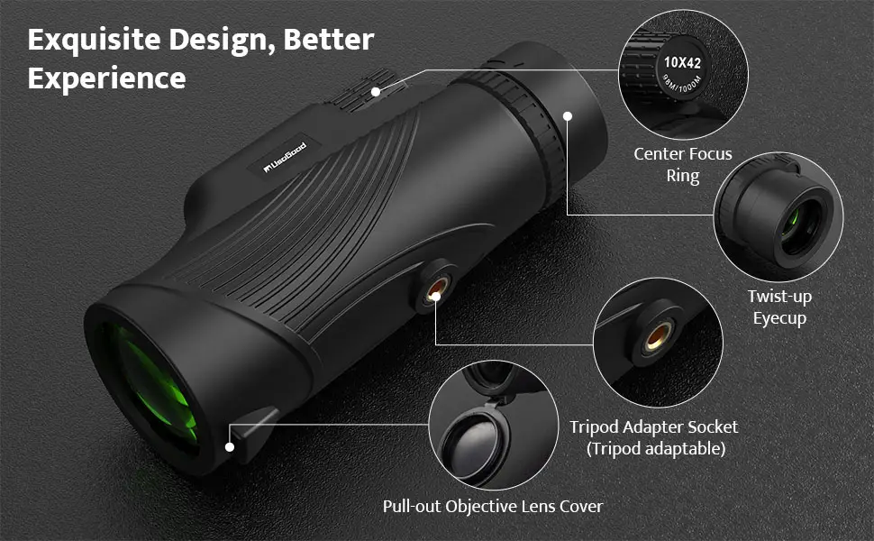 Monocular Telescope, 10x42 Monoculars for Adults, Usogood Compact Portable Waterproof Monocular with Hand Strap, Lightweight Handheld Pocket Telescope for Bird Watching Light Black - Exquisite Design, Better Experience