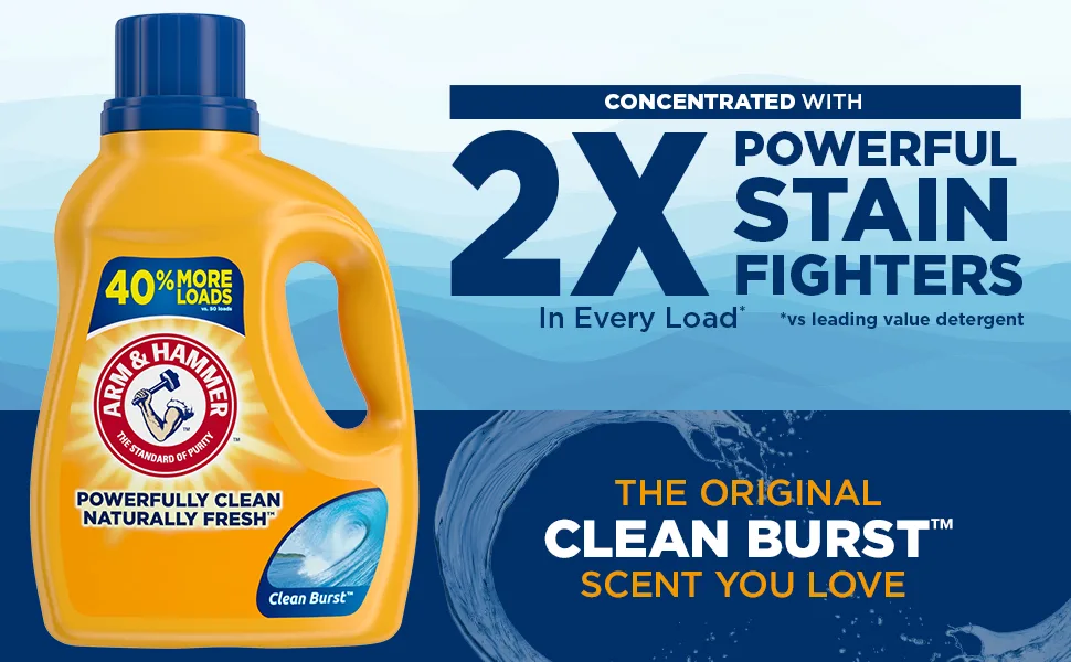 Arm & Hammer Clean Burst, 105 Loads Liquid Laundry Detergent, 105 Fl oz - Concentrated with 2X Powerful Stain Fighters vs leading value detergent. Clean Burst Scent