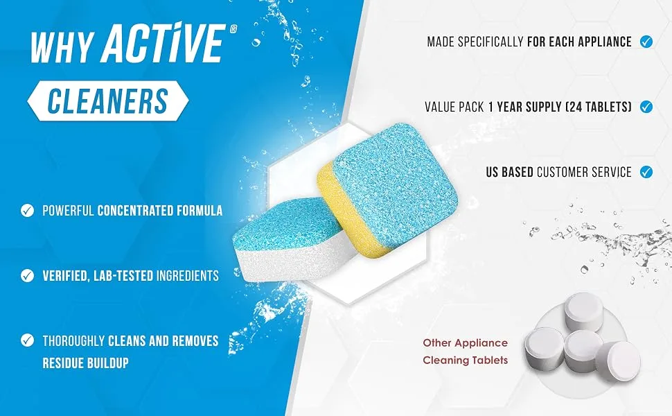 ACTIVE Washing Machine And Dishwasher Cleaning Tablets Bundle - Includes 12 Month Supply Dishwasher Cleaner Deodorizer & Washing Machine Descaler Deep Cleaning Tablets - 48 Tablet Combo - active, dishwasher, washing machine, washer, cleaner, cleaning, tablets