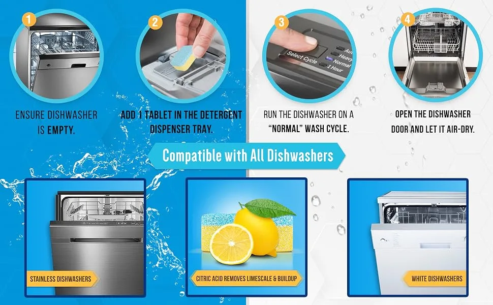 ACTIVE Washing Machine And Dishwasher Cleaning Tablets Bundle - Includes 12 Month Supply Dishwasher Cleaner Deodorizer & Washing Machine Descaler Deep Cleaning Tablets - 48 Tablet Combo - dishwasher, cleaner, tablets, stainless, white
