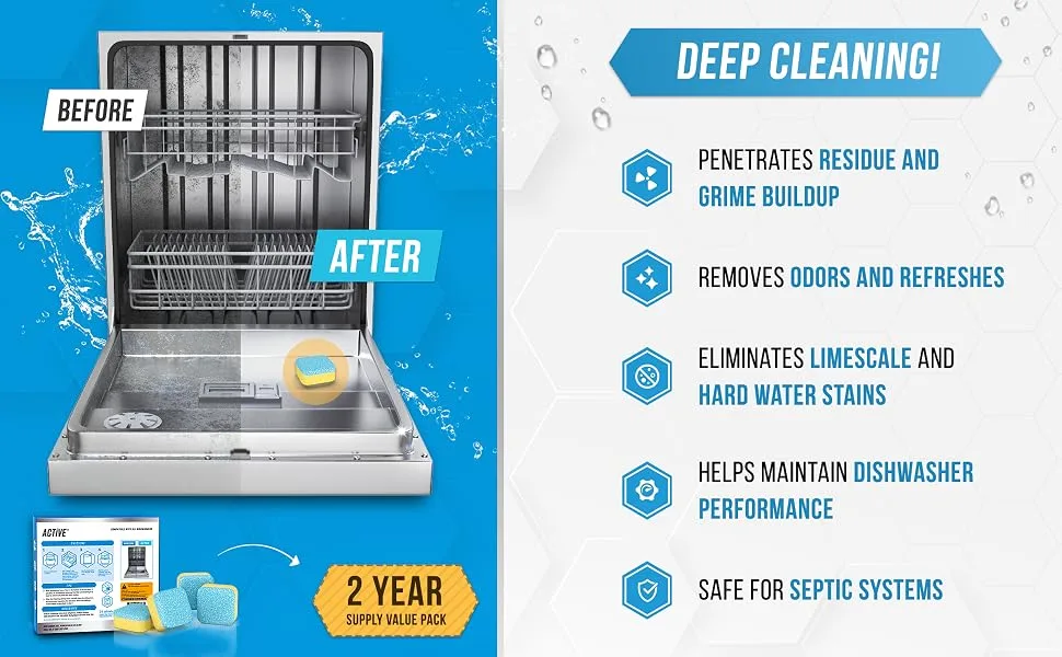 Dishwasher Cleaner Deodorizer Tablets 48 Pack - Value Size Deep Cleaning Descaler Pods Dish Washer Machine Clean, Heavy Duty & Septic Safe, Natural Limescale Remover, Hard Water, Calcium, Odor, Smell - Double Pack 48 Count 48 Tablets - Dishwasher Hard Water Buildup Removal
