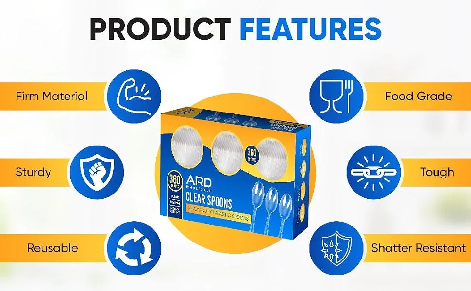 Ard Wholesale 360 Count Plastic Spoons | Clear Extra Strong Extra Resistant | 360 Disposable Spoons (360 Spoons) - Ard Wholesale Product Features