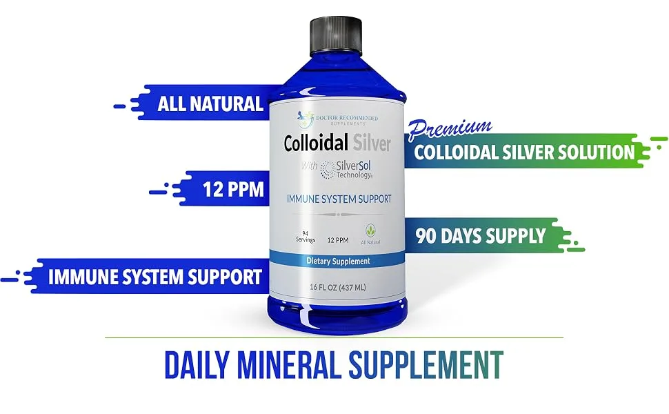 Colloidal Silver Liquid - 12 PPM Premium Silver Solution, 60 MCG Per Serving, All Natural, Vegan Immune System Support, Ionic Silver Water Daily Mineral Supplement 16 Fl oz, 96 Servings 16 Fl Oz (Pack of 1) - silver solution