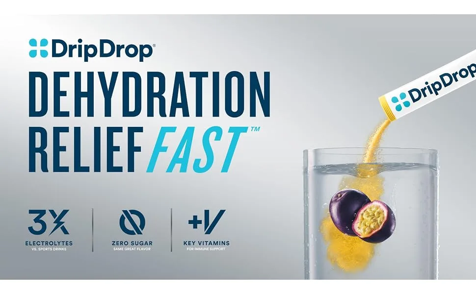 DripDrop Hydration - Zero Sugar Electrolyte Powder Packets Keto - Passion Fruit - 32 Count Passion Fruit 32 Count (Pack of 1) - DripDrop offers Dehydration Relief Fast with 3x the electrolytes of sports drinks and now 0 sugar