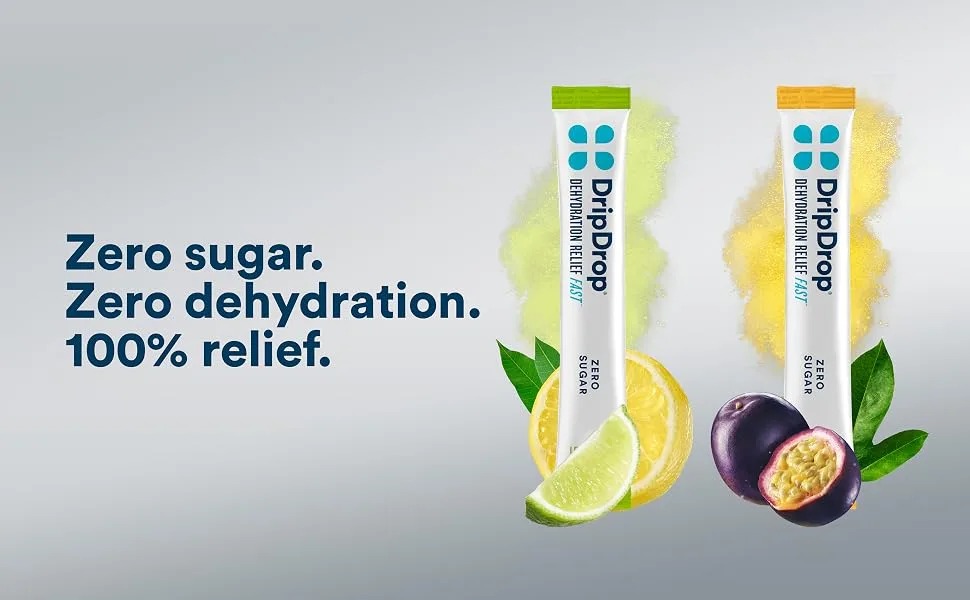 DripDrop Hydration - Zero Sugar Electrolyte Powder Packets Keto - Passion Fruit - 32 Count Passion Fruit 32 Count (Pack of 1) - Zero sugar. Zero dehydration. 100% relief. Image of the 2 flavor varieties